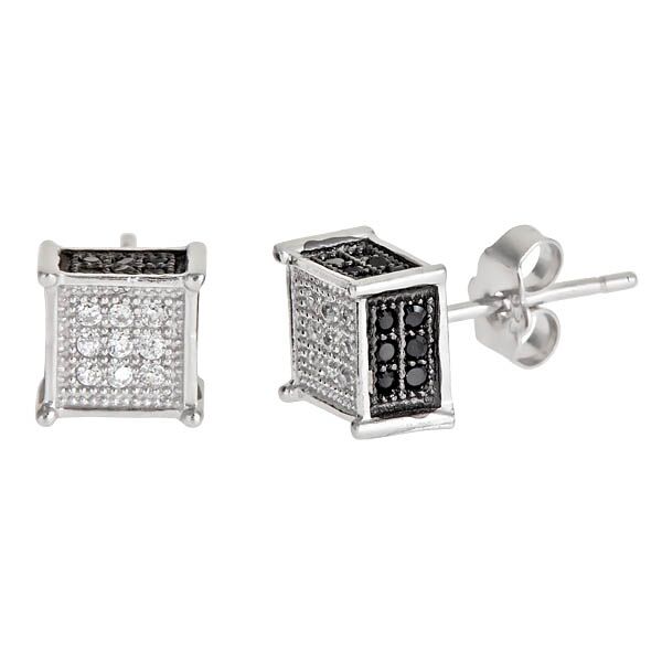 Sse135 Sterling Silver Square Micropave Stud Earring - White With Black Sides