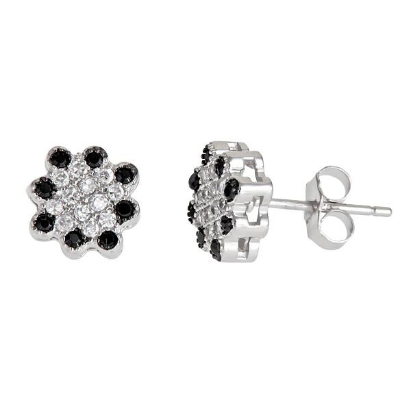 Sse139 Sterling Silver Square Micropave Stud Earring - Black &amp; White