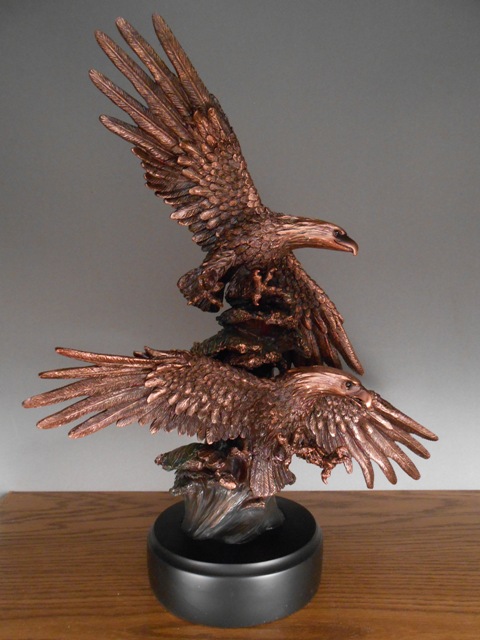 F01004 Two Soaring Eagles Bronze Plated Resin Sculpture