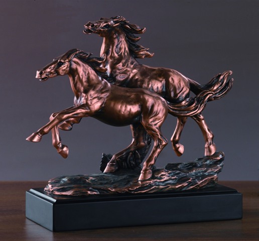 F53166 Two Horses Bronze Plated Resin Sculpture