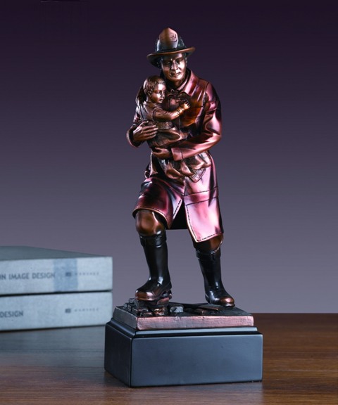 F Fire Fighter With Child Bronze Plated Resin Sculpture