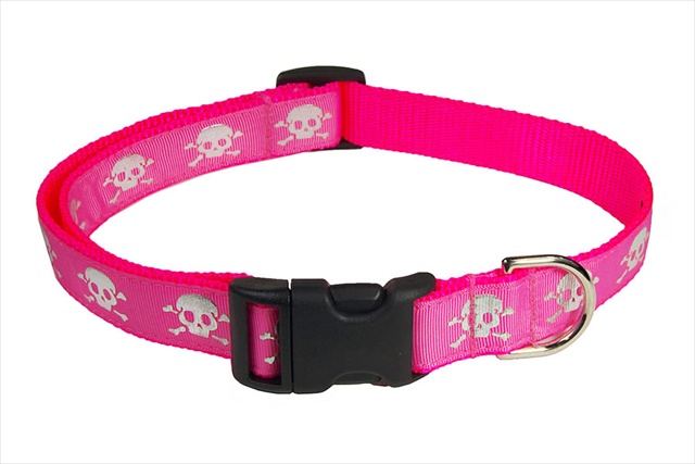Reflective Skull-pink2-c Reflective Skull Dog Collar, Pink - Small