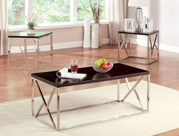 Idf-4811-3pk Table Set Top With Cross Bar Chrome Legs, 3 Pieces - Espresso