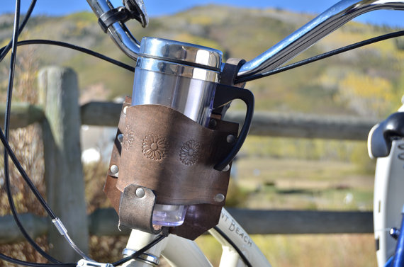 Leather Bicycle Cup Holder With Flower Stamps - Brown