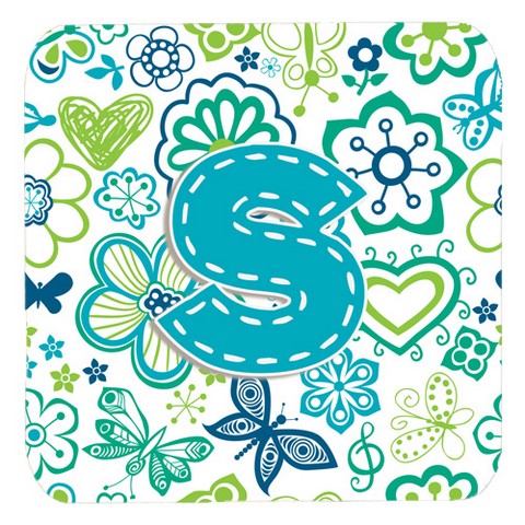 UPC 615872973040 product image for CJ2006-SFC Letter S Flowers And Butterflies Teal Blue Foam Coasters- Set Of 4 | upcitemdb.com