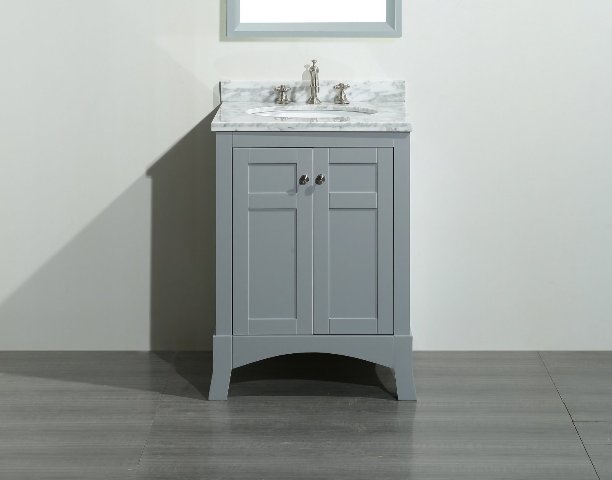 New York 24 Inch Grey Bathroom Vanity, With White Marble Carrera Countertop, & Sink
