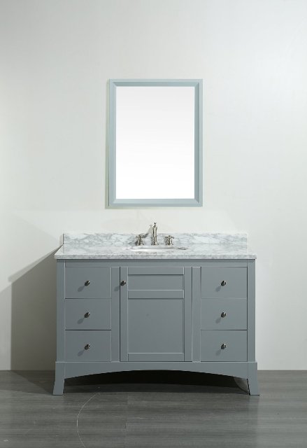 New York 48 Inch Grey Bathroom Vanity, With White Marble Carrera Countertop, & Sink