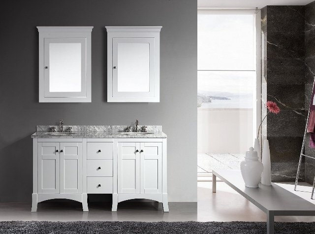 New York 60 Inch White Bathroom Vanity, With White Marble Carrera Countertop, & Sink