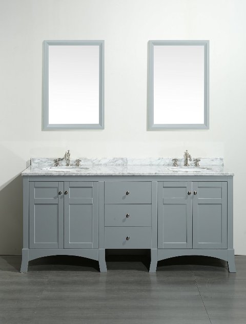 New York 72 Inch Grey Bathroom Vanity, With White Marble Carrera Countertop, & Sink