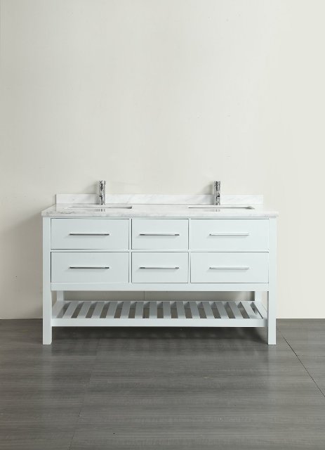 Natalie F 60 Inch Espresso Bathroom Vanity With White Carrera Marble Countertop & Double Porcelain Sinks