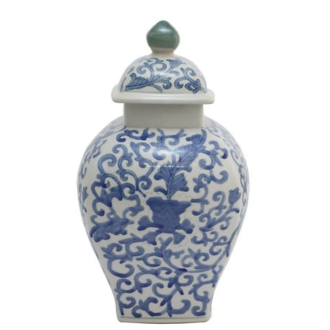 Collection 15-124 Tall White & Blue Lidded Mordecai Urn - 13 In.