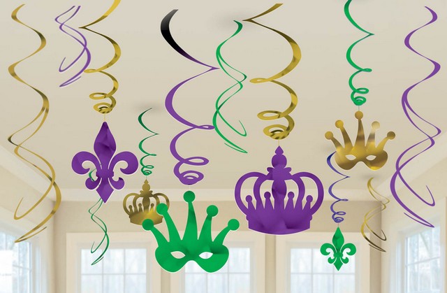 679987 Green Purple And Gold Mardi Gras Foil Swirl Decoration Assortment - Pack Of 36