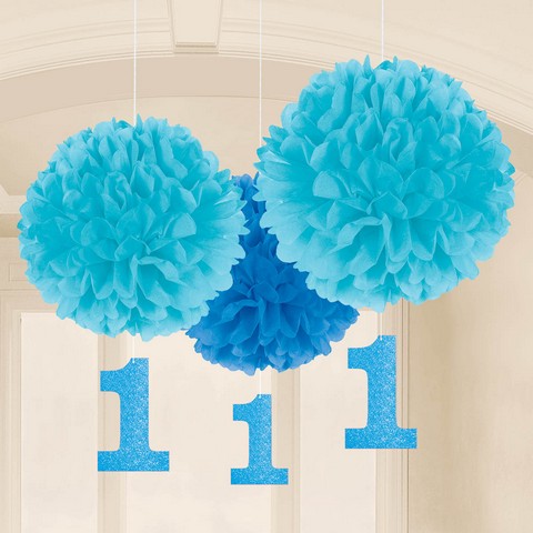 180029 Blue 1st Birthday Fluffy Decorations With Glitter Cutouts - Pack Of 18