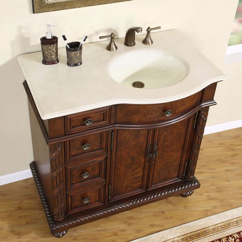 Traditional Cream Marfil Marble Bathroom Vanity, Single Sink - 36 In. Wide