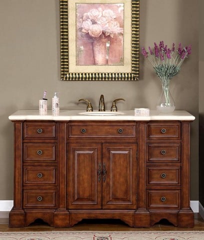 Traditional Cream Marfil Marble Bathroom Vanity, Single Sink - 58 In. Wide
