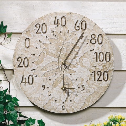 Fossil Sumac Outdoor Thermometer Clock - Weathered Limestone