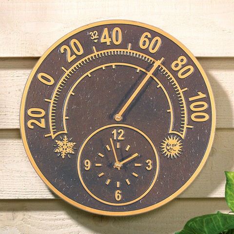 Solstice Outdoor Thermometer Clock - French Bronze