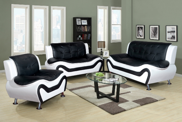 Sydney Bold Faux Leather Living Room Sofa Set, Black & White - 3 Piece