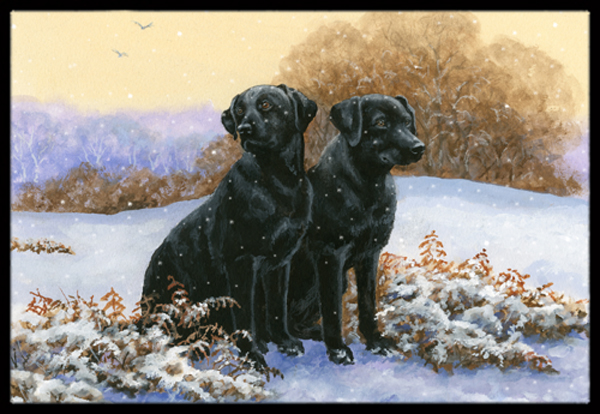 Black Labradors In The Snow Indoor Or Outdoor Mat, 24 X 36