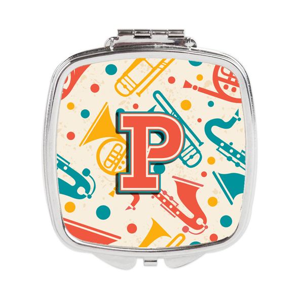 Letter P Retro Teal Orange Musical Instruments Initial Compact Mirror