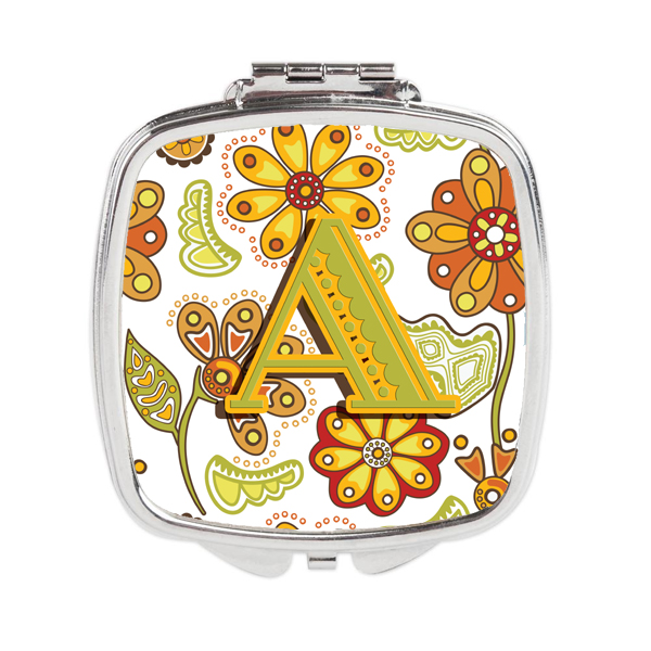 Cj2003-ascm Letter A Floral Mustard & Green Compact Mirror