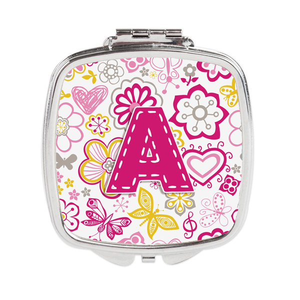 Cj2005-ascm Letter A Flowers & Butterflies Pink Compact Mirror