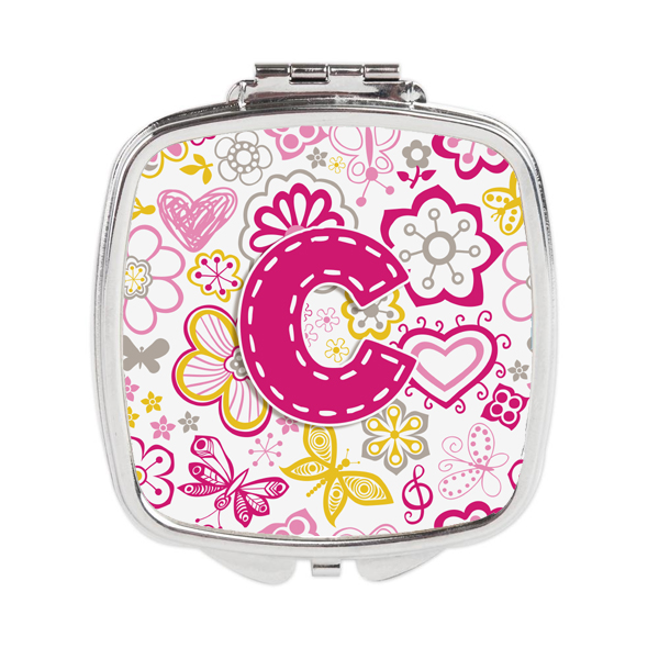 Cj2005-cscm Letter C Flowers & Butterflies Pink Compact Mirror