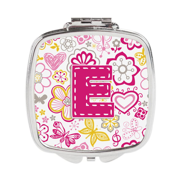 Cj2005-escm Letter E Flowers & Butterflies Pink Compact Mirror