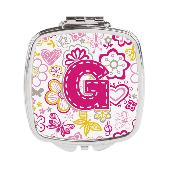 Cj2005-gscm Letter G Flowers & Butterflies Pink Compact Mirror