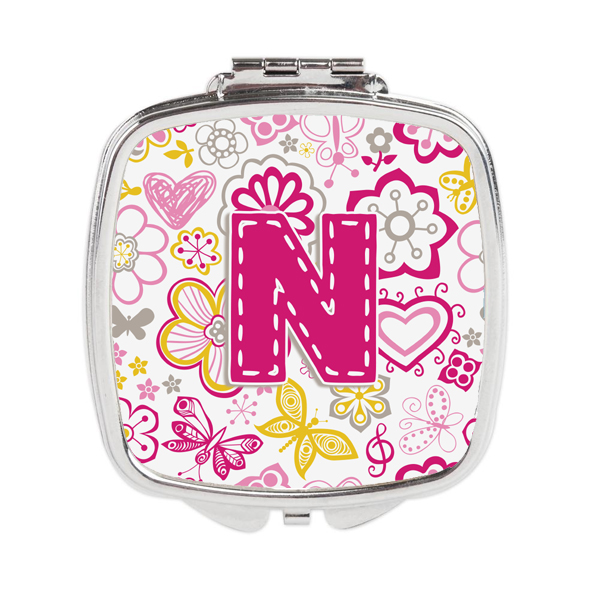 Cj2005-nscm Letter N Flowers & Butterflies Pink Compact Mirror