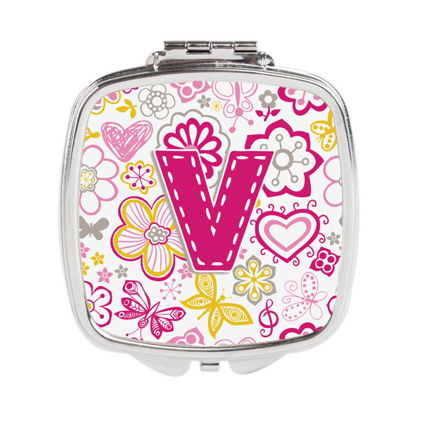 Letter V Flowers & Butterflies Pink Compact Mirror