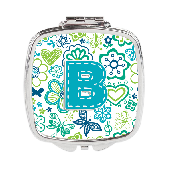 Cj2006-bscm Letter B Flowers & Butterflies Teal Blue Compact Mirror