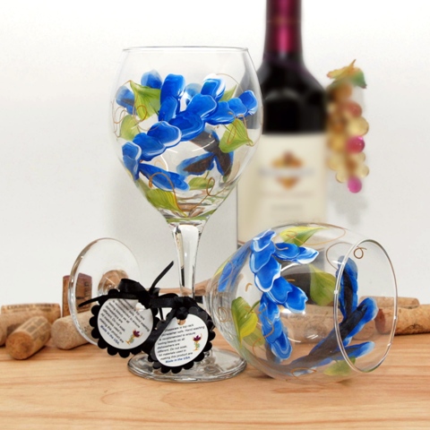 Wa-tb Floral Wrap Around Painted Wine Glass, True Blue