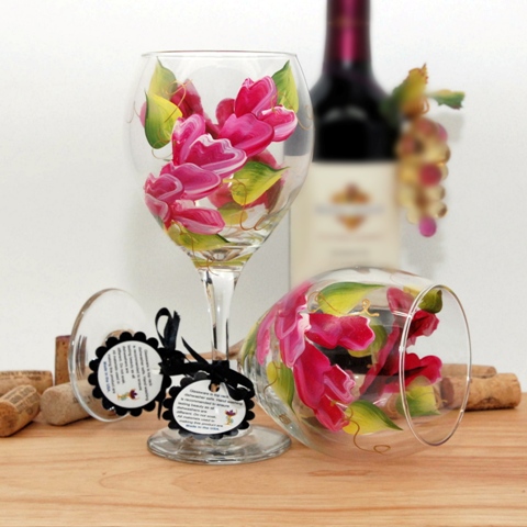 Wa-ma Floral Wrap Around Painted Wine Glass, Magenta