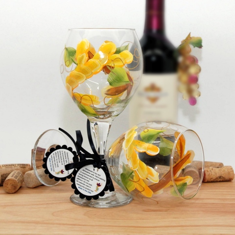 Wa-sby Floral Wrap Around Painted Wine Glass, School Bus Yellow