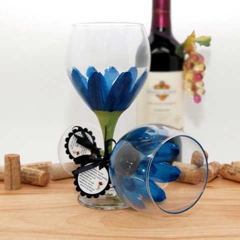 Da-cb Daisy Painted Wine Glass, Cerulean Blue