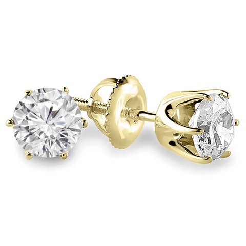 6-prong Solitaire Round Cut Diamond Stud Earrings In 14k Yellow Gold, 0.62 Carat