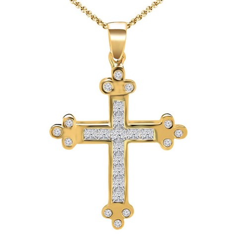 Channel-set Fashion Diamond Cross Pendant Necklace In 14k Yellow Gold With Chain, 1.7 Carat