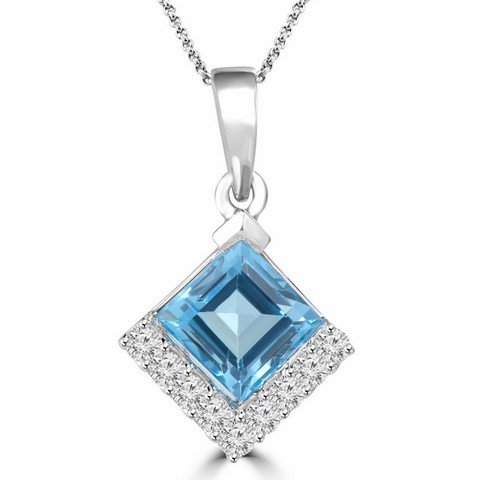 Square Emerald Cut Blue Topaz & Diamond Pendant Necklace In 14k White Gold With Chain, 3.6 Carat