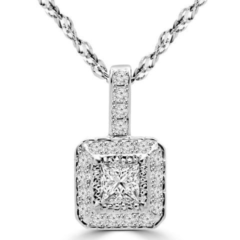 Princess Cut Diamond Halo Pendant Necklace In 14k White Gold With Chain, 0.5 Carat