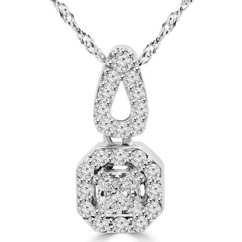Radiant Cut Diamond Halo Pendant Necklace In 14k White Gold With Chain, 1.1 Carat