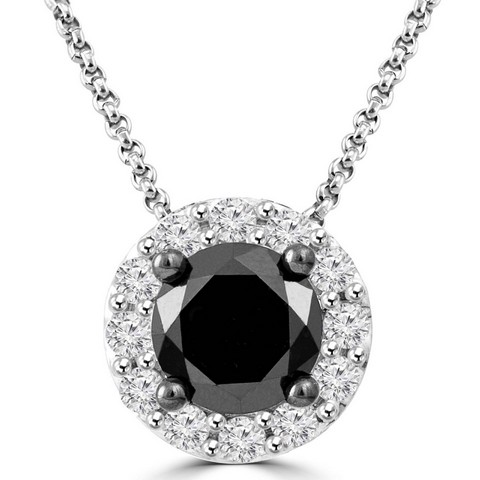 Round Black & White Diamond Halo Pendant Necklace In 10k White Gold With Chain, 1 Carat