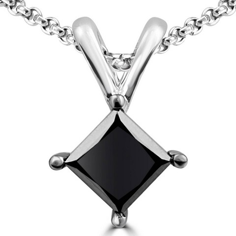 1.1 Ct Solitaire Princess Cut Black Diamond Pendant In 10k White Gold With Chain, 1.1 Carat