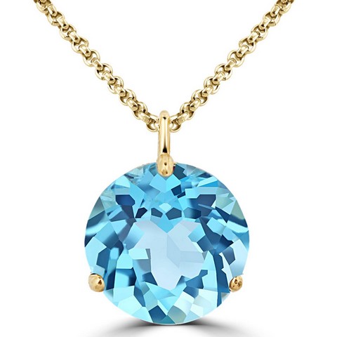 1.8ct Round Cut Blue Topaz Pendant Necklace In 10k Gold With Chain, 1.8ct