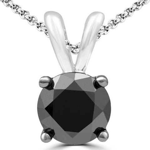 0.8ct Solitaire Round Black Diamond Pendant Necklace In 10k White Gold With Chain, 0.8ct