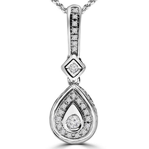 Antique Vintage Diamond Drop Pendant Necklace In 14k White Gold With Chain, 0.2 Carat