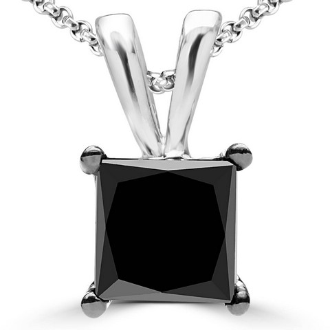 1.5 Ct Solitaire Princess Cut Black Diamond Pendant In 10k White Gold With Chain, 1.5 Carat