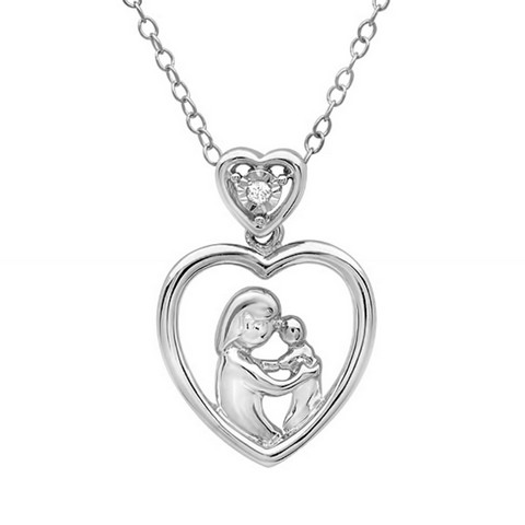 Diamond Mother & Child Heart Pendant - Necklace In Sterling Silver