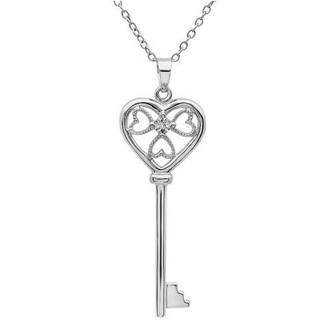 Diamond Key To Her Heart Pendant - Necklace In Sterling Silver