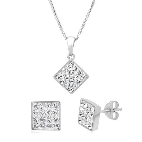 Sterling Silver White Crystal Pendant - Necklace In Swarovski Elements & Free Matching Earrings